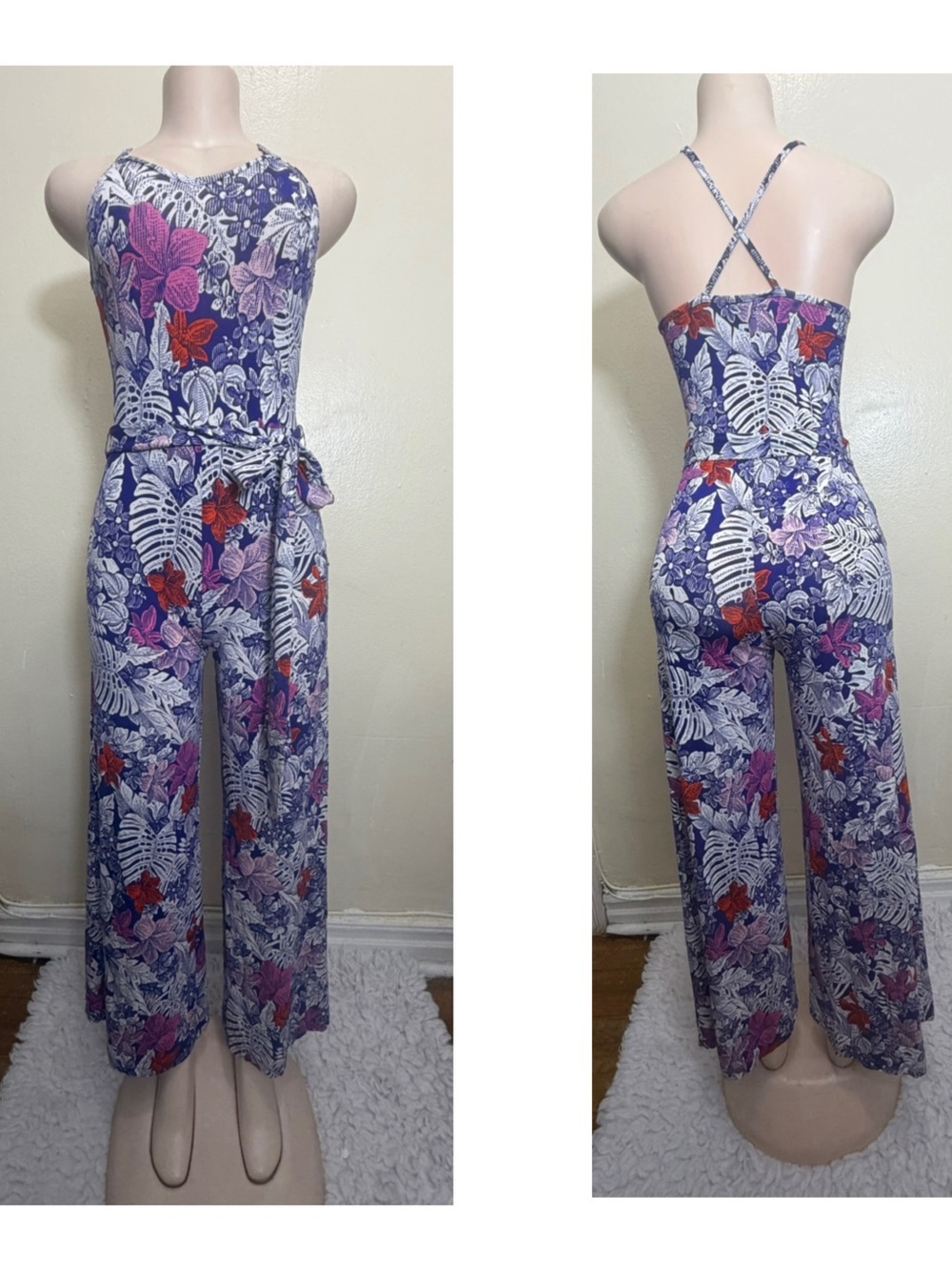 Tori Richard Purple Floral Halter Wide-Leg Jumpsuit